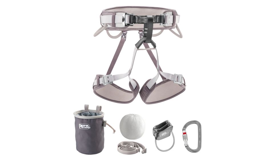 Petzl Corax Harness Kit w/ CORAX Harness, Am'D Belay System, VERSO Inserter, BANDI Chalk Bag, and Power Ball, Grey, 1, K030CA00