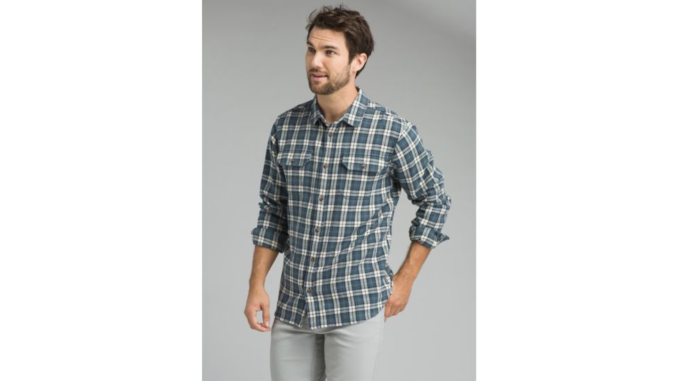 prAna Ansel Long Sleeve Flannel Shirt- Men's, Weathered Blue, Large, M23181370-WEBL-L