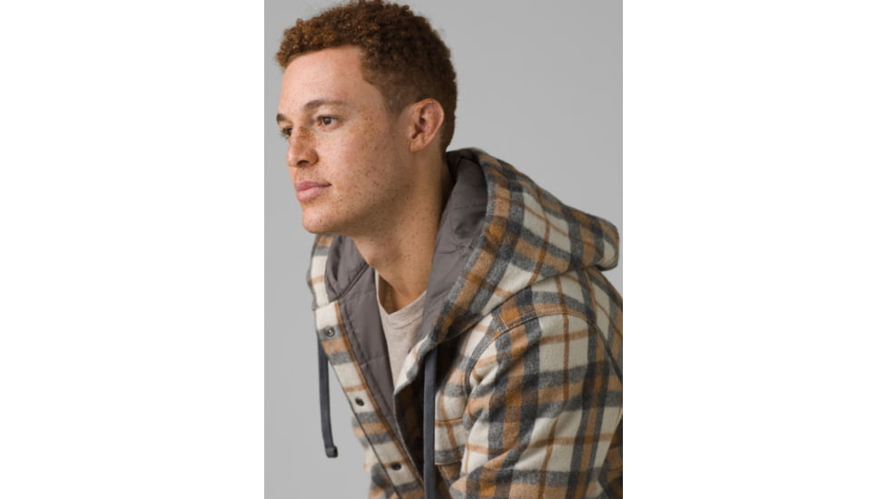 prAna Asgard Hooded Flannel Shirt, Camel, Small, 1964511-200-ST-S