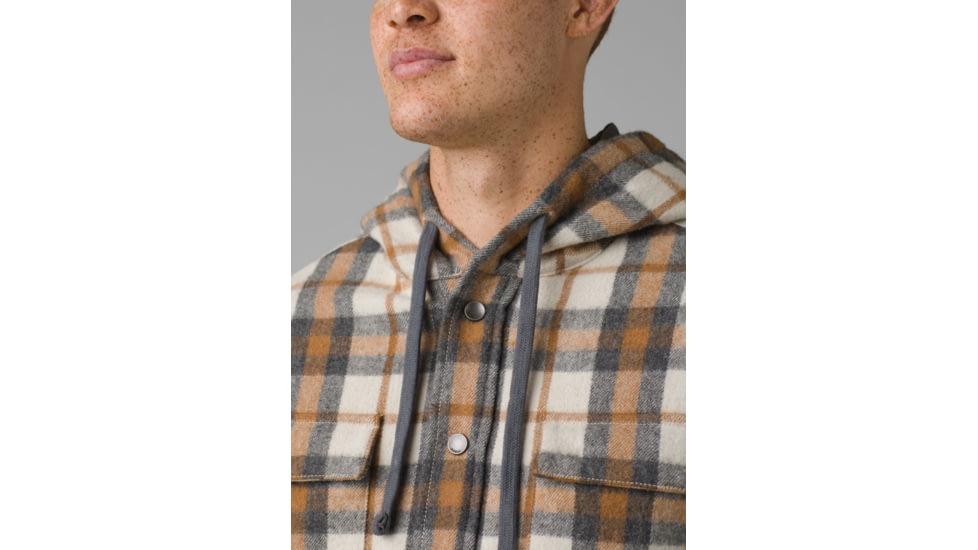 prAna Asgard Hooded Flannel Shirt, Camel, Small, 1964511-200-ST-S