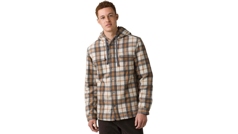 prAna Asgard Hooded Flannel Shirt, Camel, Small, 1964511-200-ST-S