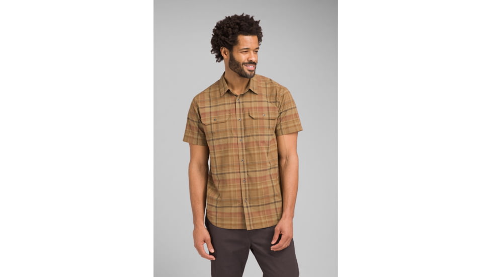 prAna Cayman Plaid Short Sleeve - Mens, Dark Khaki, Small, M11181353-DKKH-S