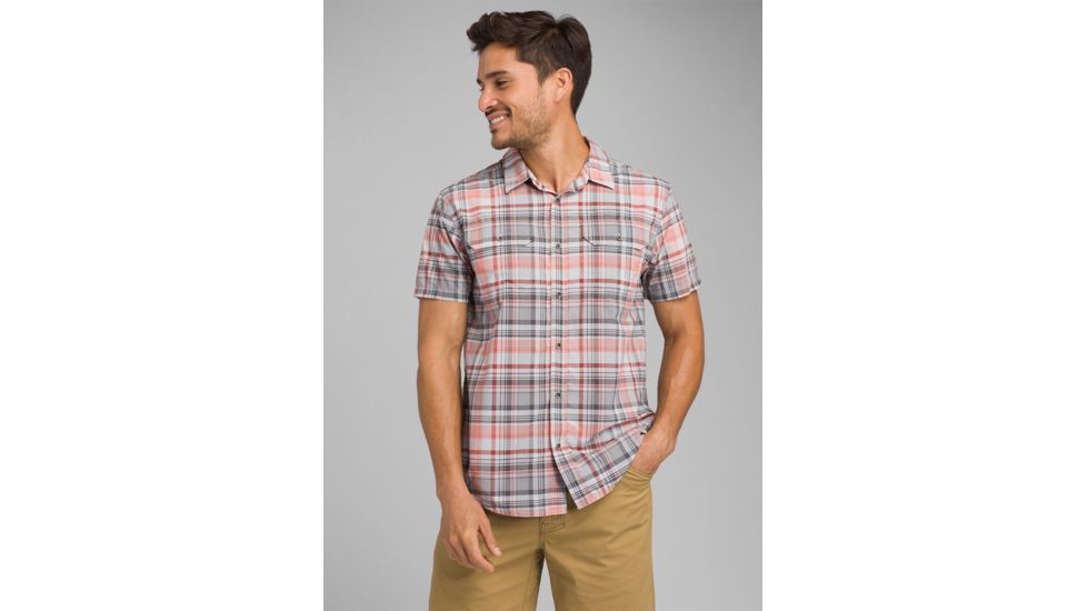 prAna Cayman Plaid Short Sleeve - Mens, Silver Spray, Large, M11181353 -049-L