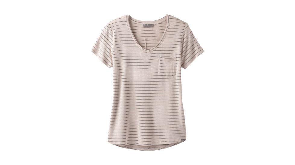 prAna Foundation Short Sleeve V-neck - Women's, Pebble Grey Heather Stripe, Large, W11170142 -064-L