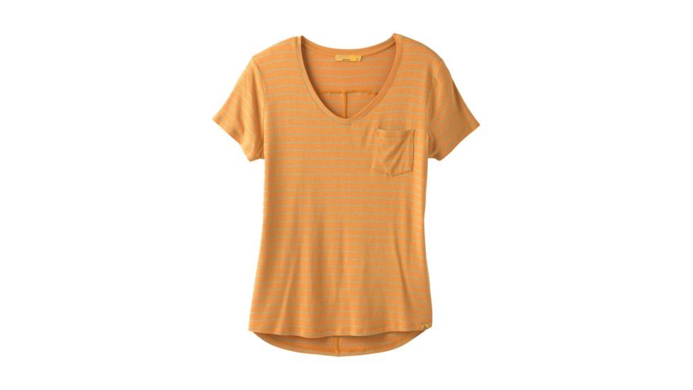 prAna Foundation Short Sleeve Vneck, Curry Heather Stripe, Small, W11170142 -708-S