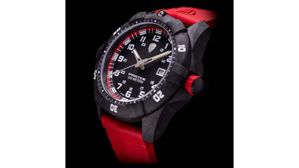 ProTek Carbon Dive Watch, Carbon Case/Black&amp;Red Dial/Red Strap, One Size, PT1002R