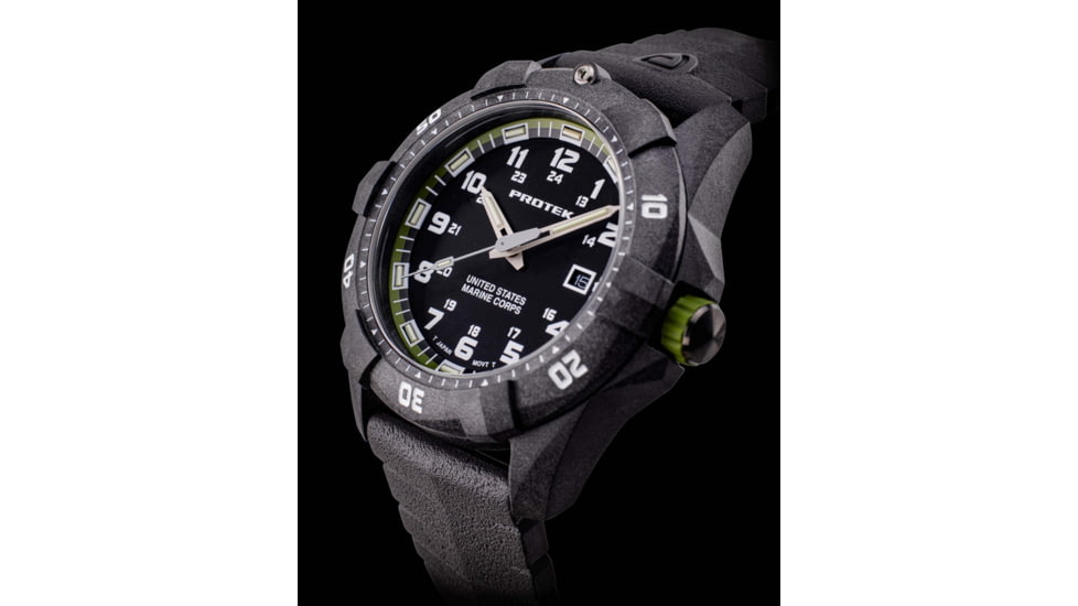 ProTek Carbon USMC Dive Watch, Carbon Case/Black&amp;Green Dial/Black Strap, One Size, PT1015