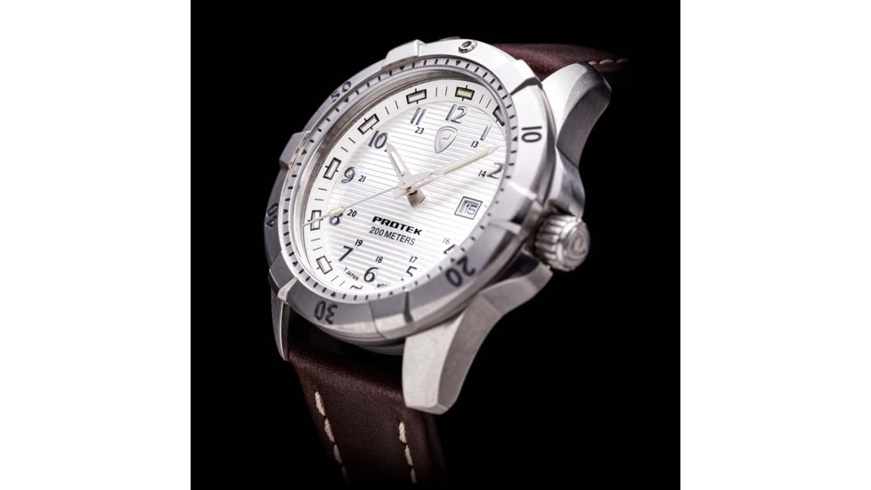ProTek Steel Dive Watch, SS Case/White Dial/Dark Brown Strap, One Size, PT2005