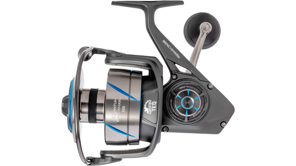 Quantum Benchmark Spinning Reel, SZ 2500 Reel, 5+1 Bearings, 6.2-1 Ratio, Aluminum Frame, SEALOQ 6 Protection, GEARTEQ Machined Gears, CFX200 Carbon Fiber Xtreme Drag, Silver/Blue, BK2500.B2