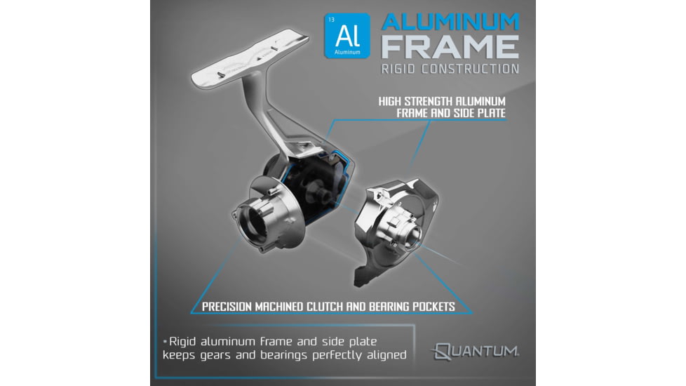 Quantum Benchmark Spinning Reel, SZ 2500 Reel, 5+1 Bearings, 6.2-1 Ratio, Aluminum Frame, SEALOQ 6 Protection, GEARTEQ Machined Gears, CFX200 Carbon Fiber Xtreme Drag, Silver/Blue, BK2500.B2
