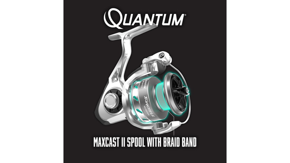 Quantum Throttle Spinning Reel, SZ 10 Reel, Stainless Steel Bail Wire, Dura-Lok Anti-Reverse Clutch, Oversized Non-Slip Handle Knob, 10 + 1 Ball Bearings, 5.2-1 Ratio, Silver, TH10C.BX3