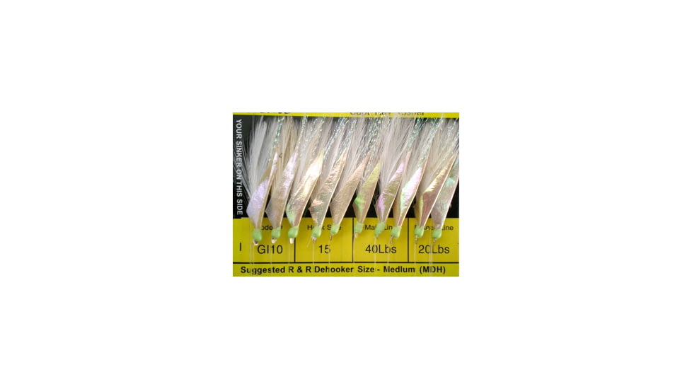 R&amp;R Tackle Sabiki Goggle Eye Rig 10 Hook, White Feathers with Flash Skin/Gl Bds, 10 Pack, GI-10