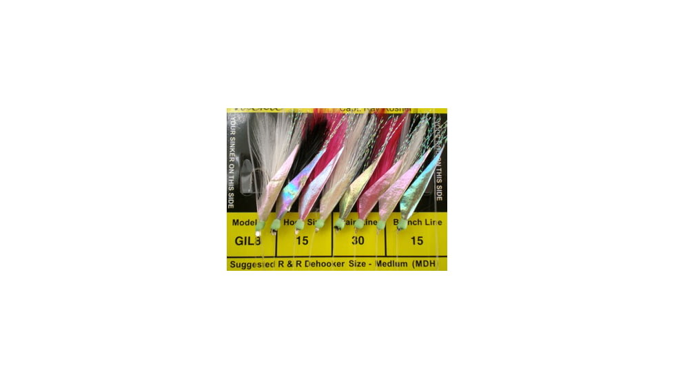 R&amp;R Tackle Sabiki Goggle Eye Rig 8 Hook, #15 SS Hook S, 30lb, 15lb, White/Black/Pink Feather with Flash Skin/Glow, 15, 8 Pack, GIL-8