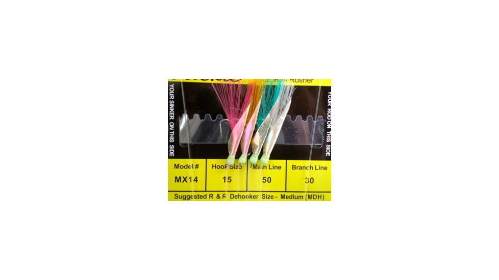 R&amp;R Tackle Sabiki Rig 4 Hooks, Size #15 SS Hook, 50lb, 30lb, White/Green/Yell/Pink with Fish Skin Green Head, 15, 4 Pack, MX-14