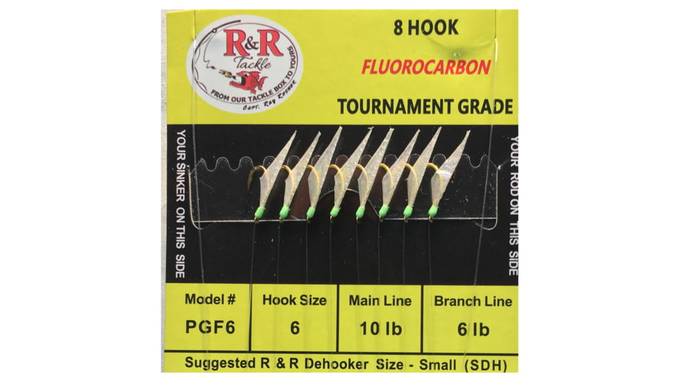 R&amp;R Tackle Sabiki Rig 8 Hooks, Size #6 Hook, 10lb, 6lb, Pilchard/Herring Green with Green Gl Head Fluoroca, 6, PGF-6