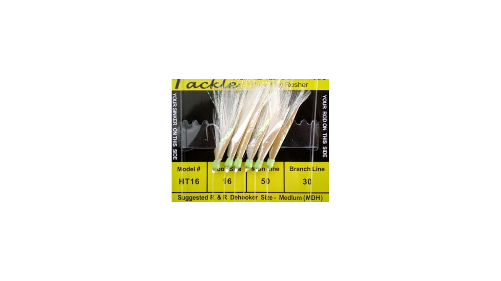 R&amp;R Tackle Sabiki Rig Blue Runner with SS Hook, 50lb Main Line, 30lb Branch Line, White Feathers with Flash Green Gl Heads, 16, 6 Pack, HT-16