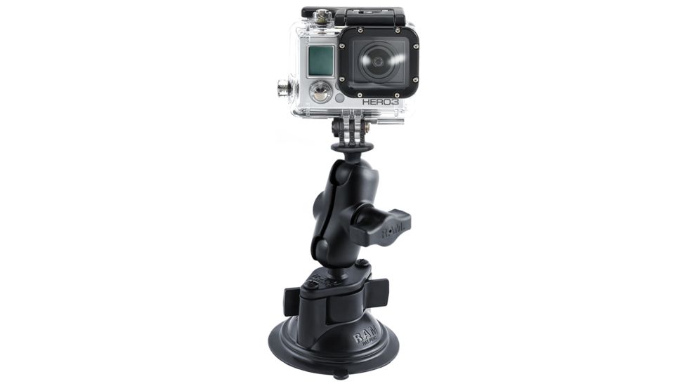 RAM Mounts Twist Lock Suction Cup Mount, Short Double Socket Arm &amp; 1" Diameter Ball With Custom Gopro Hero Adapter RAM-B-166-A-GOP1U