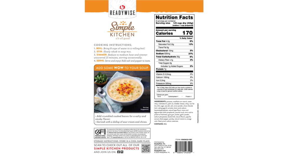 ReadyWise 6 CT Case Cheddar Potato Soup Mix, 6 Pack, RWSK05-061