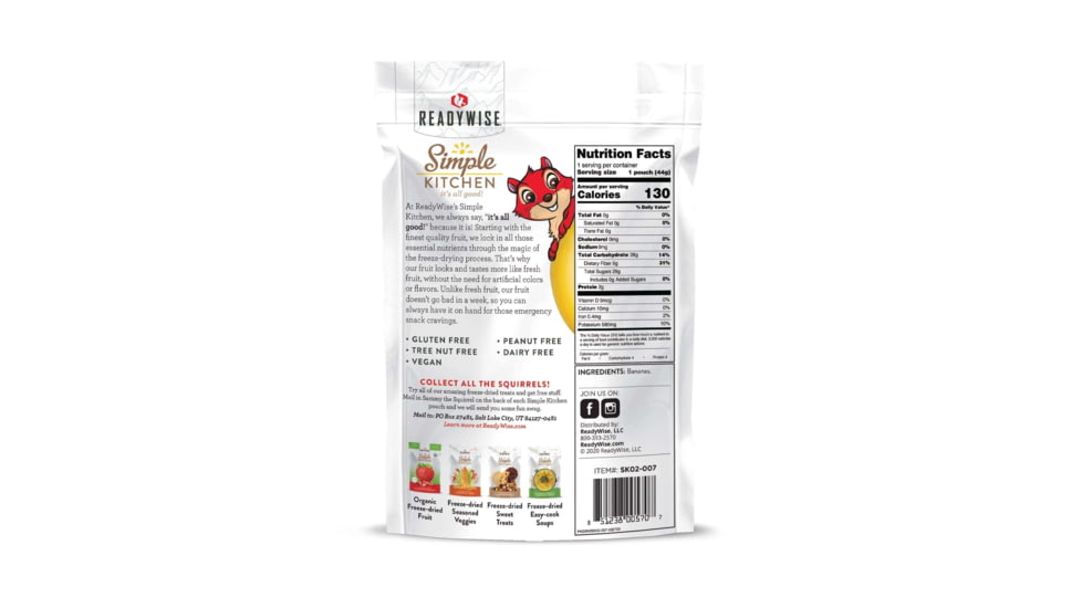 ReadyWise Freeze-Dried Bananas, Single Pouch, RWSK02-007