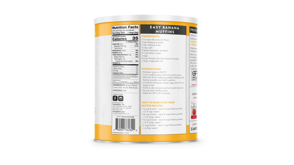 ReadyWise Simple Kitchen Butter Powder - 3 CT Case, 204 Serving Cans, RWSKCN06-019