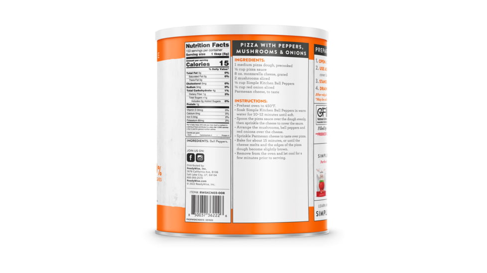 ReadyWise Simple Kitchen Dehydrated Red &amp; Green Bell Peppers - 3 CT Case, 153 Serving Cans, RWSKCN06-008