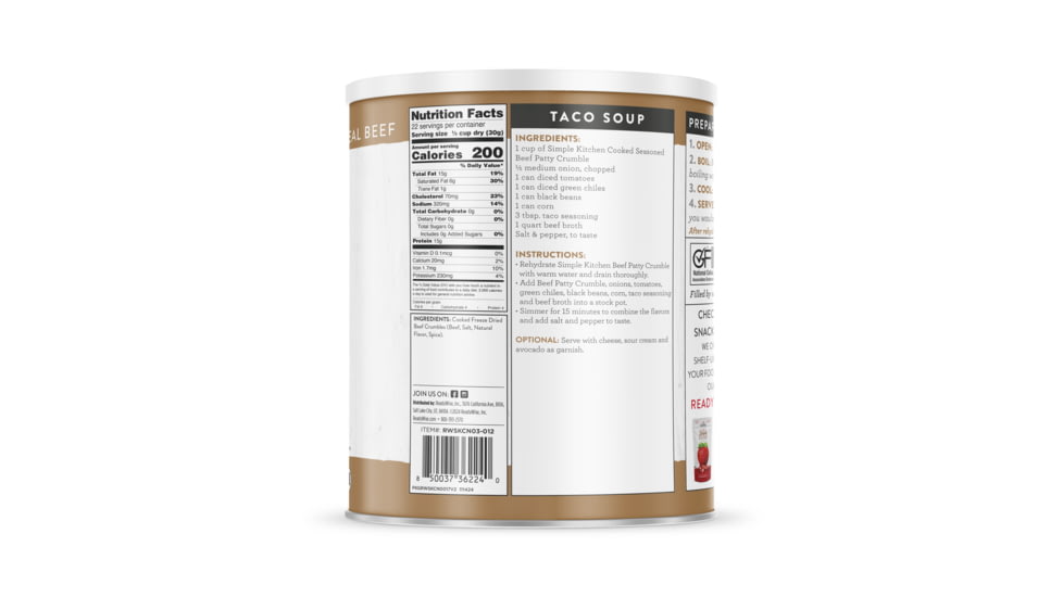 ReadyWise Simple Kitchen FD Beef Patty Crumbles - 3 CT Case, 22 Serving Cans, RWSKCN06-012