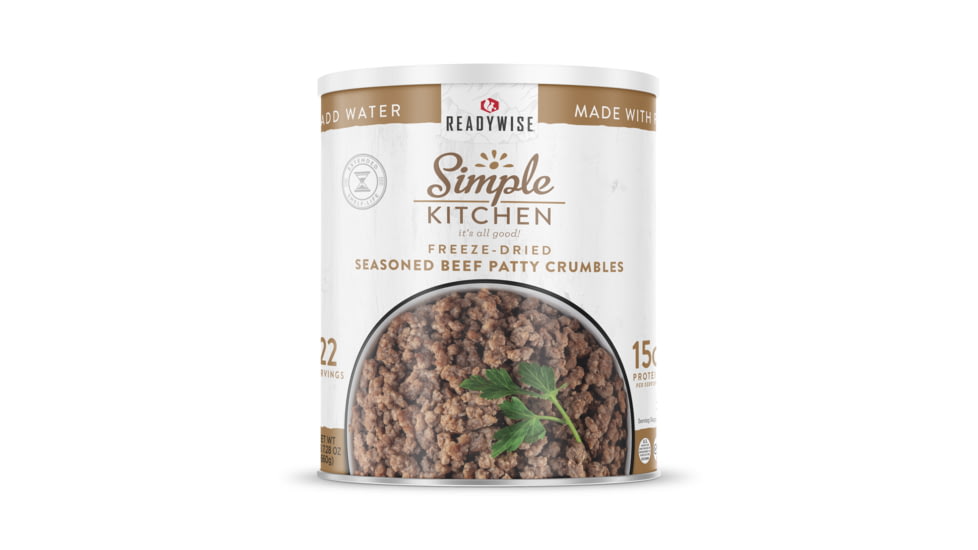 ReadyWise Simple Kitchen FD Beef Patty Crumbles - 3 CT Case, 22 Serving Cans, RWSKCN06-012