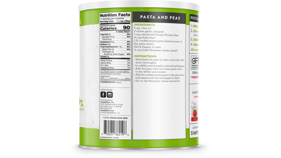 ReadyWise Simple Kitchen Freeze-Dried Peas - 17 Serving Can, White, RWSKCN03-006