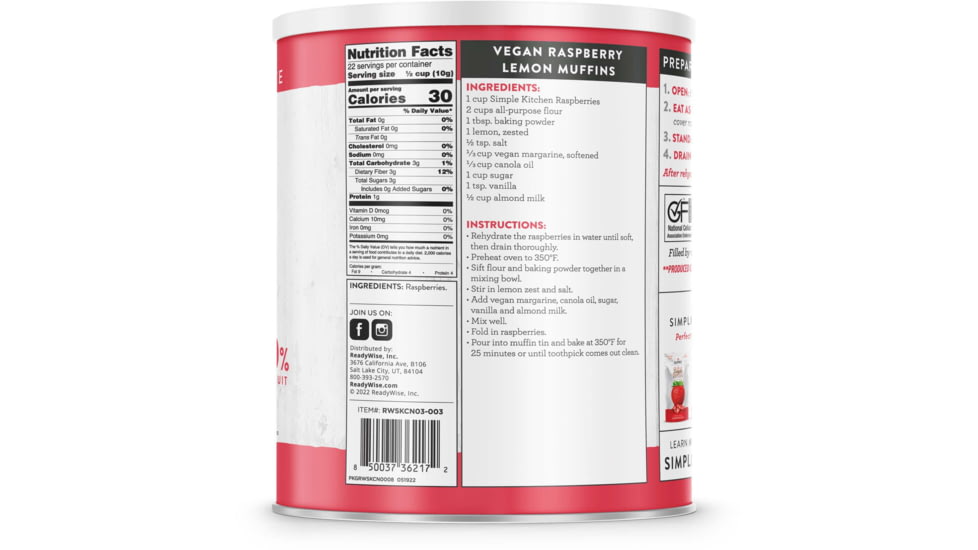 ReadyWise Simple Kitchen Freeze-Dried Raspberries - 22 Serving Can, White, RWSKCN03-003