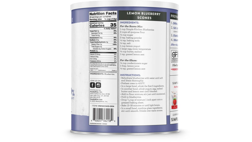 ReadyWise Simple Kitchen Freeze-Dried Whole Blueberries - 28 Serving Can, White, RWSKCN03-004