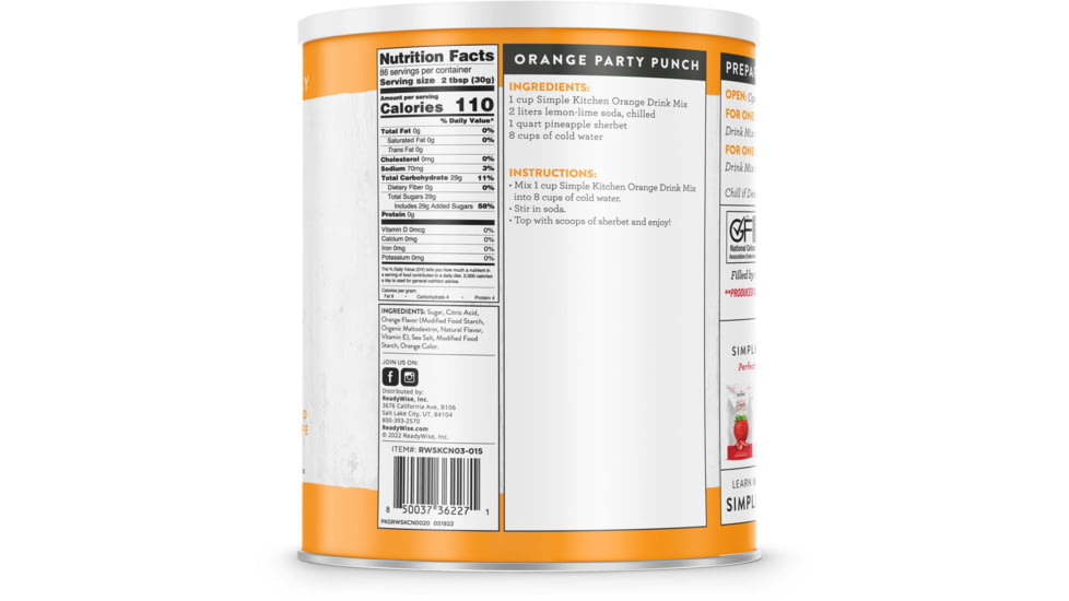 ReadyWise Simple Kitchen Orange Drink Mix- 86 Serving Can, White, RWSKCN03-015