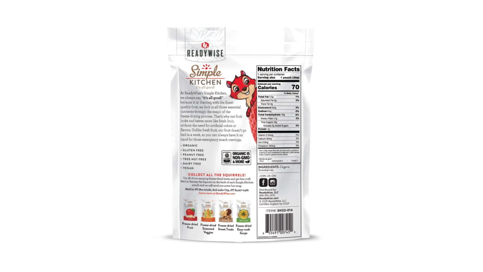 ReadyWise Simple Kitchen Organic Freeze-Dried Strawberries, Single Pouch, RWSK02-014