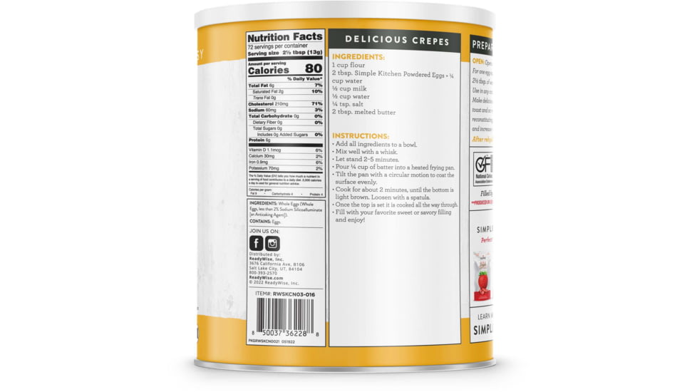 ReadyWise Simple Kitchen Powdered Eggs - 72 Serving Can, White, RWSKCN03-016