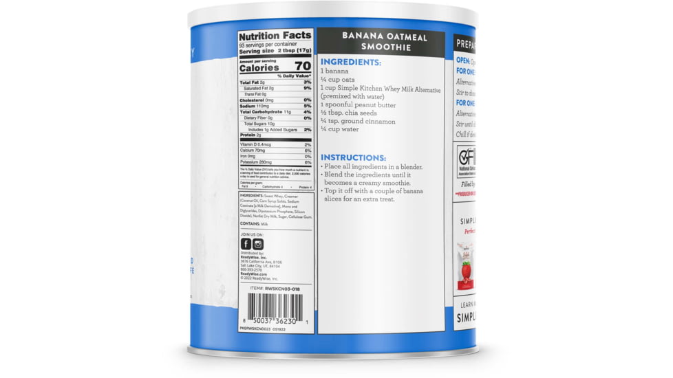 ReadyWise Simple Kitchen Whey Milk Alternative - 93 Serving Can, White, RWSKCN03-018