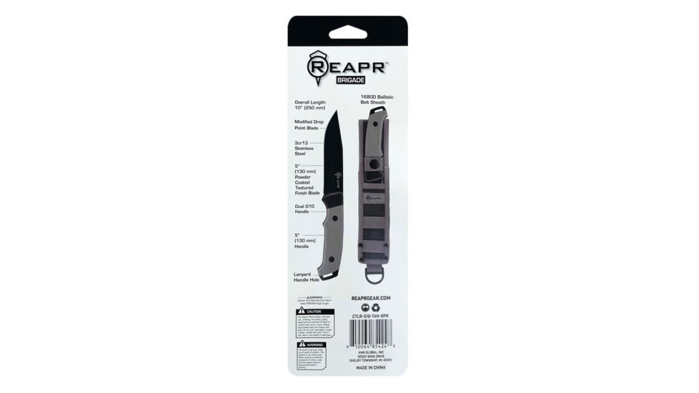 Reapr Brigade Fixed Blade Knife, 5in, 3Cr13 Stainless Steel, Brown, Tan, CTLR-018-TAN-RPR