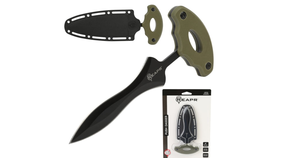Reapr Push Dagger, 4in, 420 Stainless Steel, Spear Point Blade, Black / OD Green, 11042