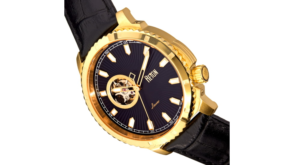 Reign Bauer Automatic Semi-Skeleton Leather-Band Watch, Gold/Black, One Size, REIRN6004