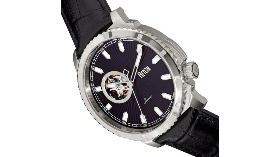 Reign Bauer Automatic Semi-Skeleton Leather-Band Watch, Silver/Black, One Size, REIRN6002