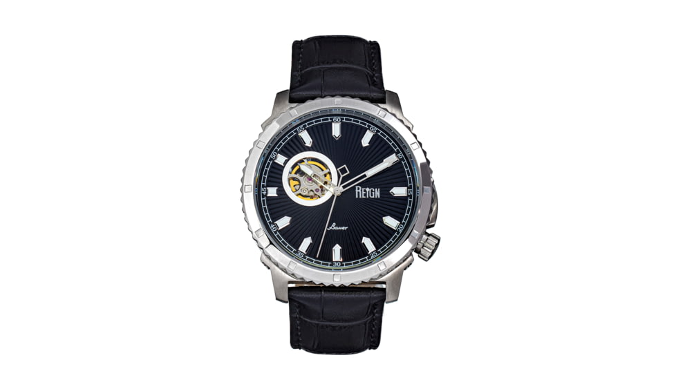 Reign Bauer Automatic Semi-Skeleton Leather-Band Watch, Silver/Black, One Size, REIRN6002