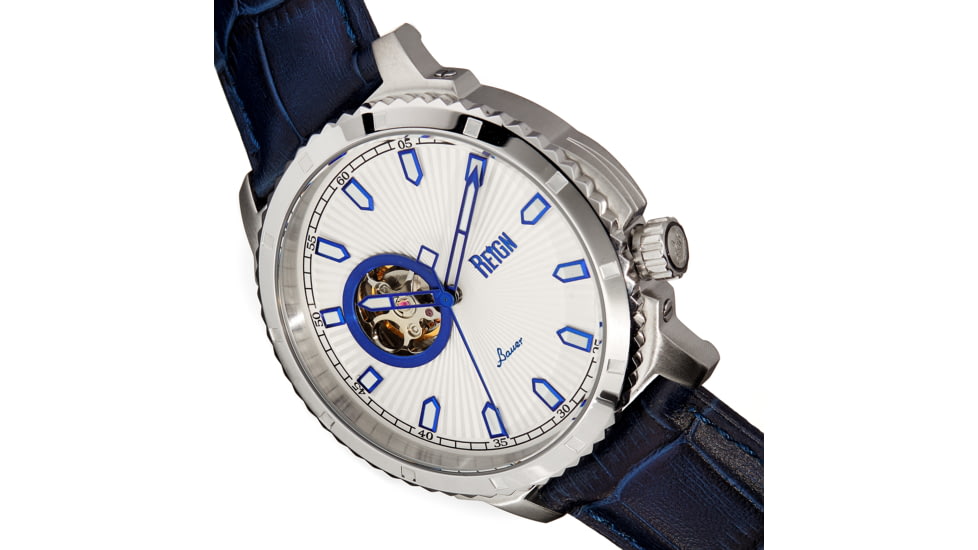 Reign Bauer Automatic Semi-Skeleton Leather-Band Watch, Silver/Blue, One Size, REIRN6003