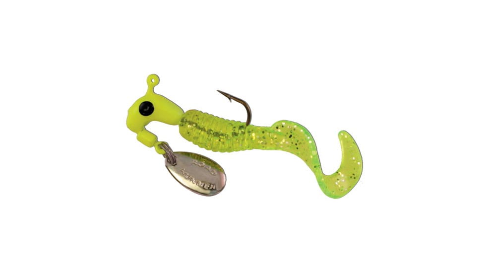 Road Runner Curly Tail Jig w/Spinner, Chartreuse Glitter, 1/16oz, Strip Card, 1602-062