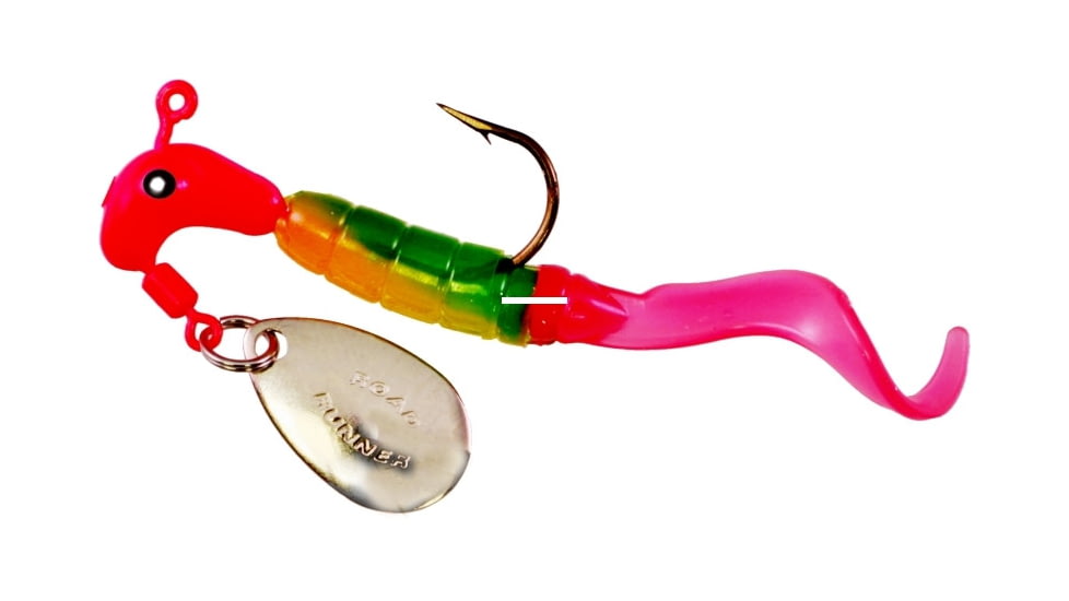 Road Runner Curly Tail Jig w/Spinner, Fluorscent Red/Green/Yellow/Fire, 1/8oz, Strip Card, 1603-237