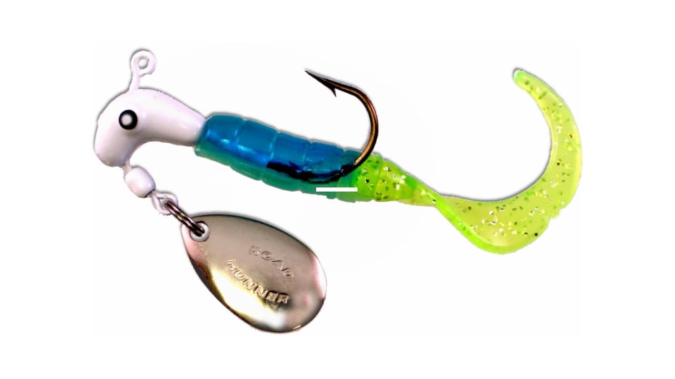 Road Runner Curly Tail Jig w/Spinner, White/Blue Pearl/Chartreuse, 1/8oz, Strip Card, 1603-136