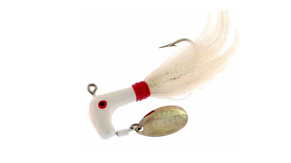 Road Runner Striper Bucktail Jig w/Spinner, White/Red/Throat White Strip, 1/2oz, Strip Card, 1006-091