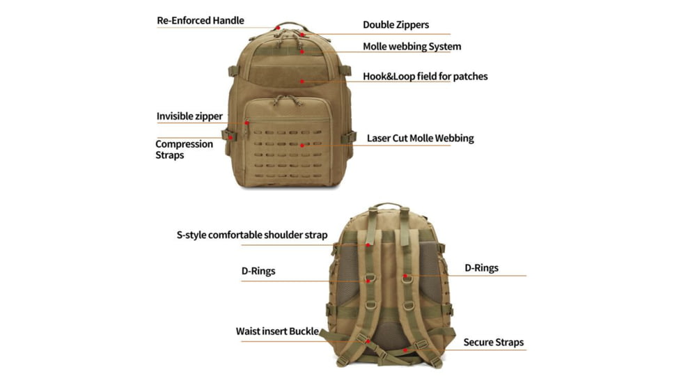Roaring Fire Ignite Tactical Backpack, FDE, 21.25x15.75x8.27 inch, RF133 DT
