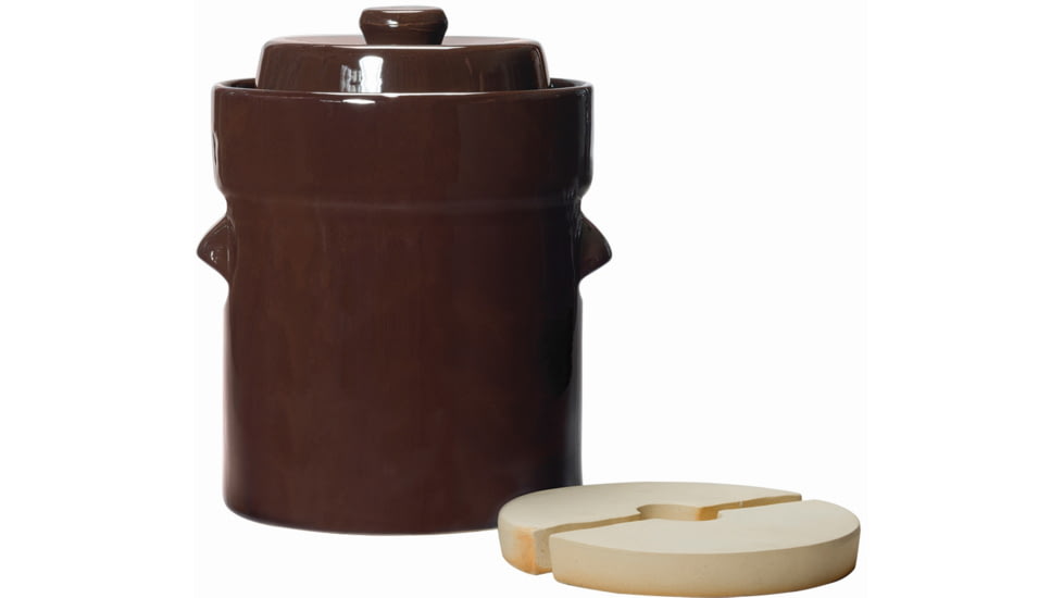 Roots &amp; Harvest Traditional Style Water-Seal Crock Set, 2L Fermentation Crock w/Lid &amp; Weights, Brown, Small, 1562