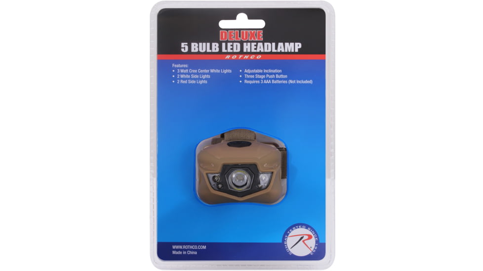 Rothco 5 Bulb LED Headlamp, AAA, Red/White, 90 Lumens, Coyote Brown, 2856