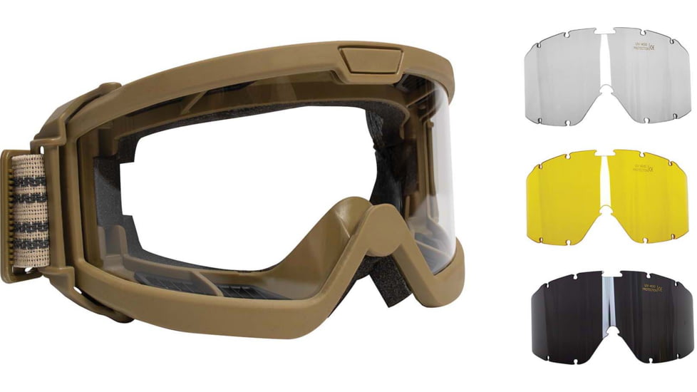 Rothco ANSI Ballistic OTG Goggle System, Interchangeable Smoke/Clear/Yellow Lenses, Coyote Brown Frame, 10738-CoyoteBrown