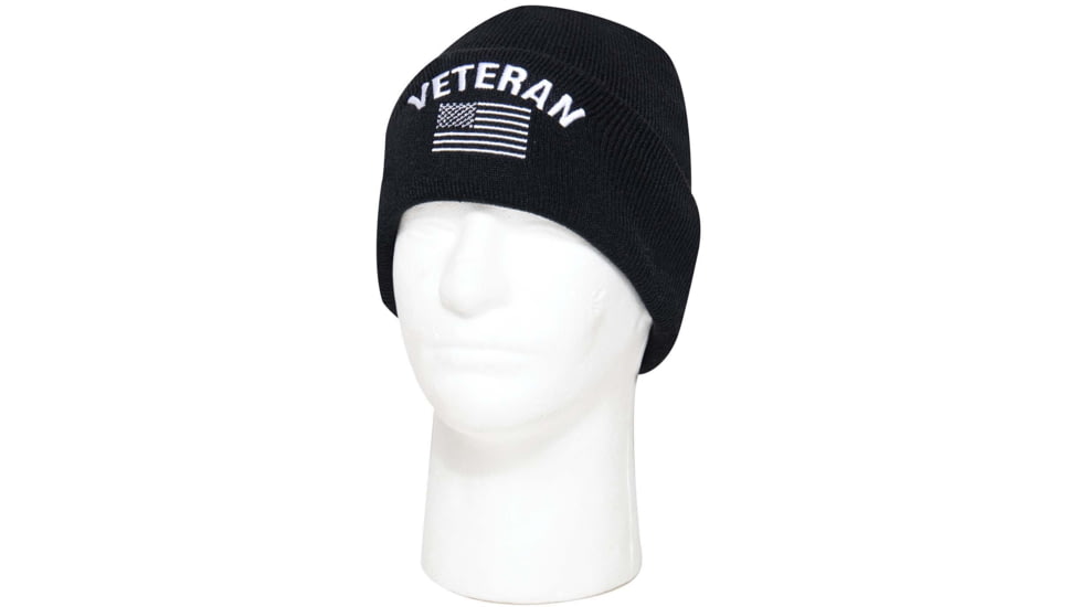 Rothco Veteran With US Flag Fine Knit Watch Cap - Mens, Black, One Size, 57878
