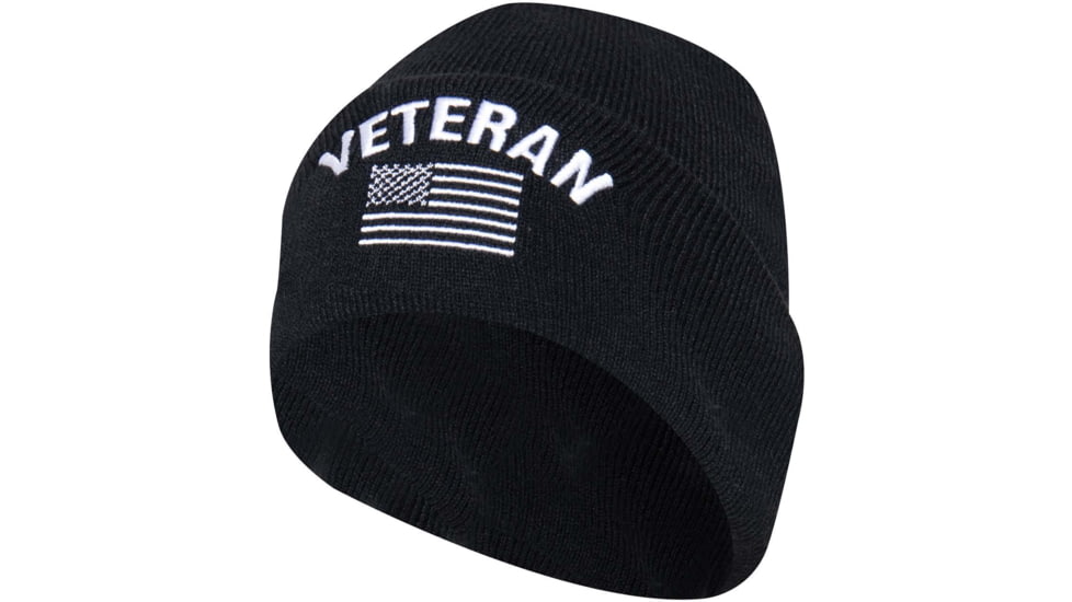 Rothco Veteran With US Flag Fine Knit Watch Cap - Mens, Black, One Size, 57878